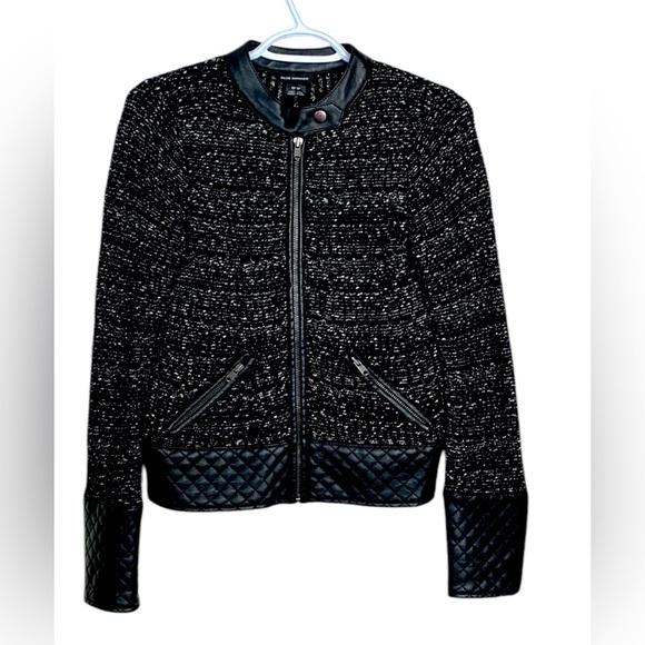 Club Monaco Black & White Zip Up Jacket w Pockets Wool Blend w Vegan Leather - Picture 1 of 6